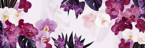 Elegant purple and white orchid flowers with tropical leaves border design for wedding invitations greeting cards and floral backgrounds in minimalist vector style