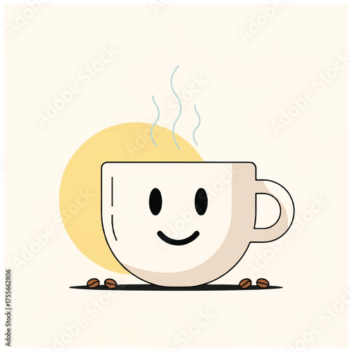 Smiling coffee cup with steam and coffee beans on the surface.