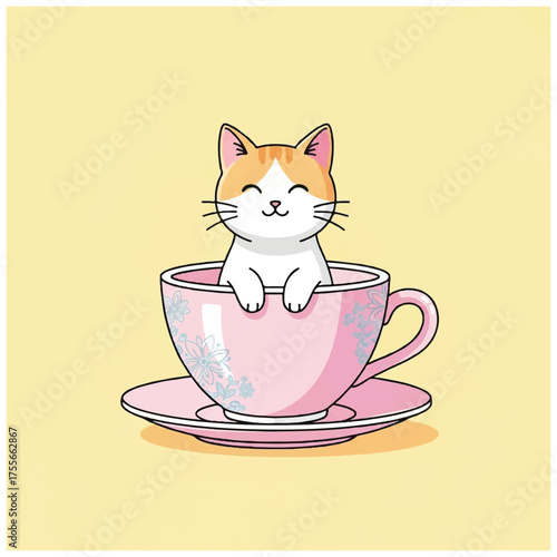 Adorable cartoon ginger cat smiling happily inside a pink teacup.