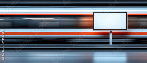 Blank advertising display at modern train station platform with motion blur of passing train, sleek minimal interior and reflective floor conveying dynamic urban commute