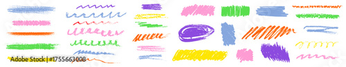 Color crayon scribbles set isolated on white background. Vector realistic illustration of colorful marker or pencil doodle lines, thin and thick brush strokes with grainy texture, hand drawn scrawls