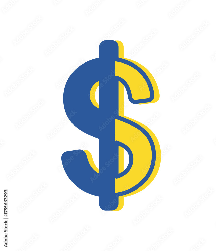 Obraz premium Stylized blue and yellow dollar sign icon for finance projects, isolated for easy use on a green screen background