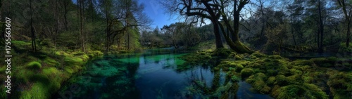 Tranquil nature scene lush riverbank hdr panorama serene environment wide view