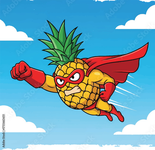Superhero Pineapple Flying Through the Sky with Red Cape and Mask.