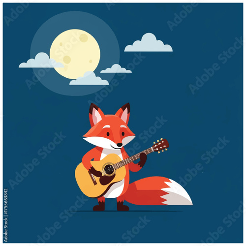 Fox serenading under the moonlight with a guitar.