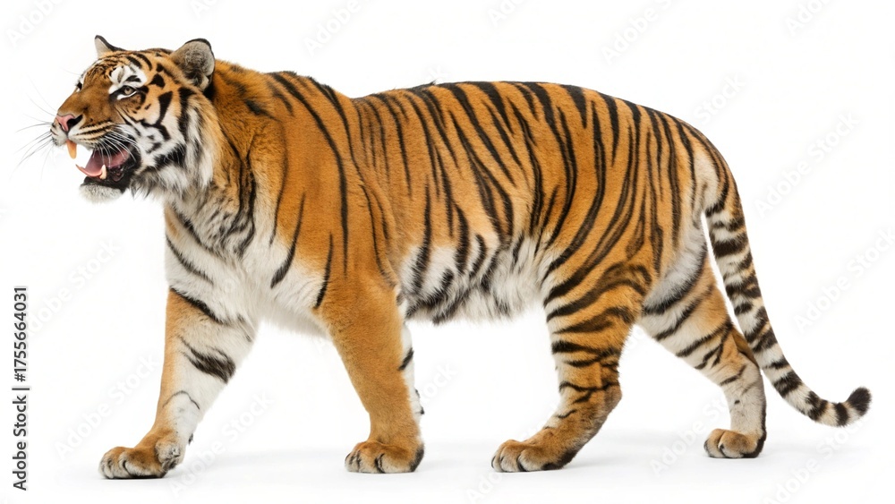Fototapeta premium A striking Bengal tiger big cat with stripes, a wildlife predator, is isolated on a white background