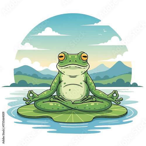 Meditating frog on lily pad serene and peaceful zenlike pose.