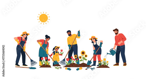Diverse group of people gardening together, planting flowers and vegetables on a sunny day.