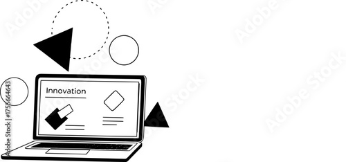 Abstract graphic illustration of 'Innovation' on a laptop screen, with geometric elements symbolizing digital creativity, technological advancement, and strategic business