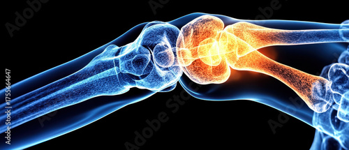 Transparent wrist joint x ray view showing inflamed cartilage and bone with glowing orange indicating pain and swelling