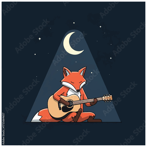 A charming fox playing an acoustic guitar under the moonlight.