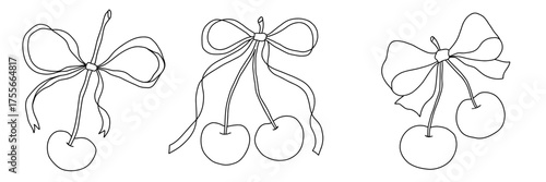 Coquette cherry with ribbon bow set in elegant whimsical retro doodle hand-drawn style. Perfect for Christmas, wedding, birthday, Valentine designs, cards, and decor. Vector illustration.
