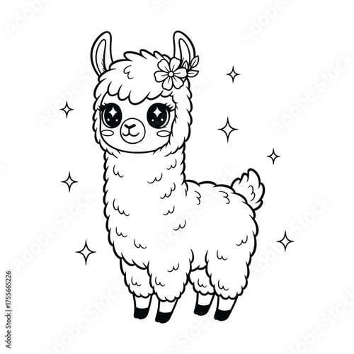 Cute cartoon llama with flowers and sparkles for coloring