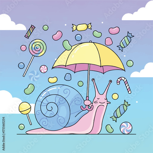 Charming Snail with Umbrella Amidst a Candy Downpour.