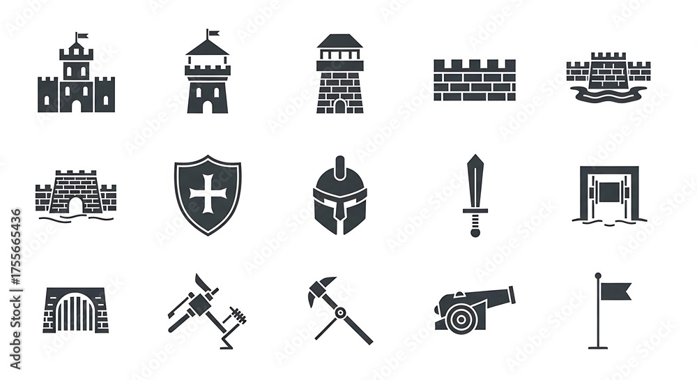 Obraz premium Medieval Warfare Icons - Fortress, Shield, Helmet, and Weapons Collection.