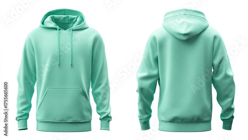 Mint green hoodie, front and back views