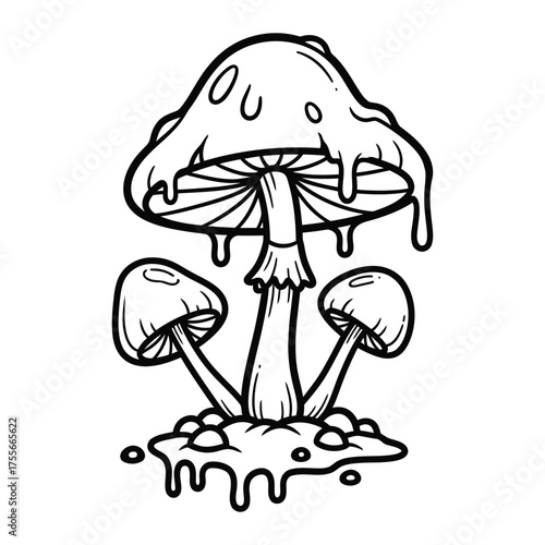 Psychedelic dripping mushroom illustration in black and white outline style
