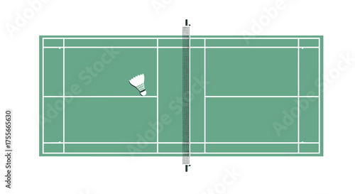 Top View of a Badminton Court with a Shuttlecock Ready for Play