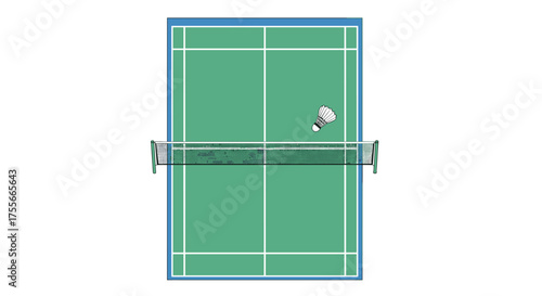 Top-down view of a badminton court with a shuttlecock in play, highlighting the sport's dynamic action and competitive spirit
