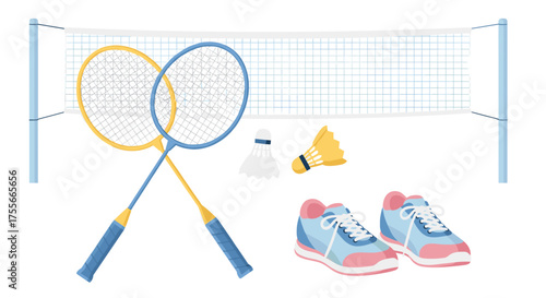 Badminton equipment for a fun game of shuttlecock sport, including rackets, a net, and athletic shoes