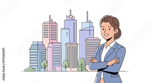 Successful businessperson confidently stands arms crossed before a modern city skyline illustration