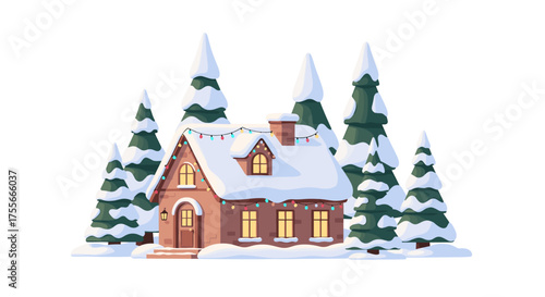 Winter Cottage Scene with Snow-Covered Trees and Holiday Lights