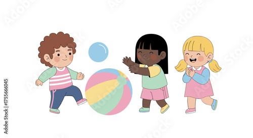 Three cheerful diverse children happily playing together with a colorful beach ball and bubbles, symbolizing joy, friendship, and carefree childhood moments