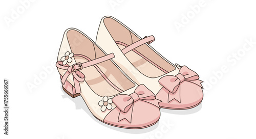 An adorable illustration of pink and white Mary Jane style shoes with cute bows and flower details, perfect for feminine fashion concepts