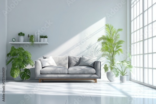 A modern living room with bright sunlight streaming through a large window, featuring a stylish sofa and various plants, creating a serene and inviting atmosphere.