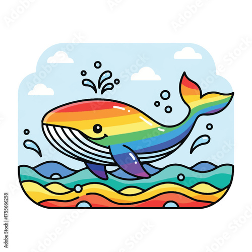 Cute cartoon whale with vibrant rainbow pride colors.