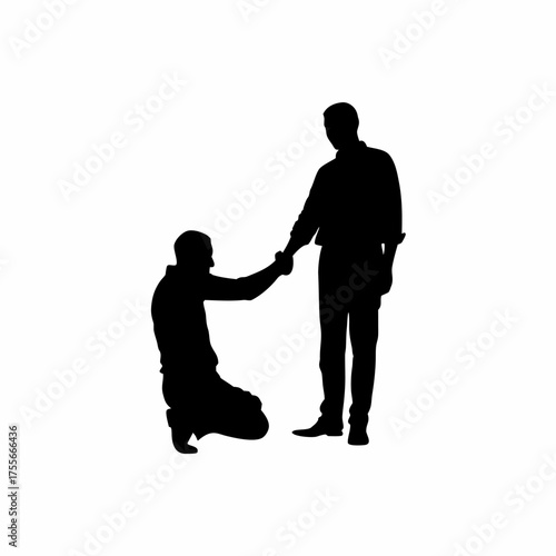 Silhouette of recovering addict receiving encouragement handshake from counselor isolated on white background