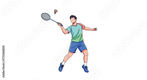Badminton player in action striking the shuttlecock with a racket, dynamic pose illustration