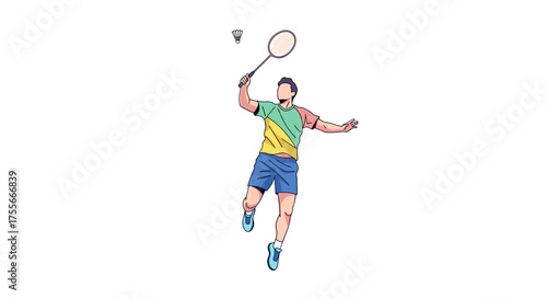 Badminton player in mid-air during a game, executing a powerful overhead smash with a racket