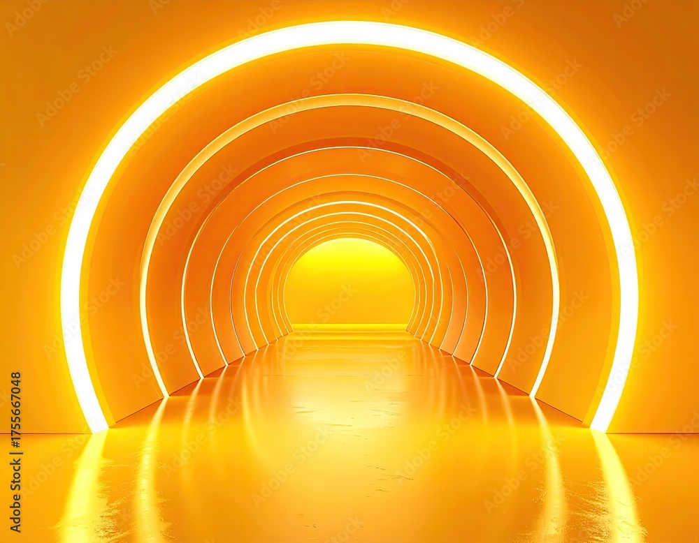 Fototapeta premium Luminous orange arches form a tunnel with a bright light end