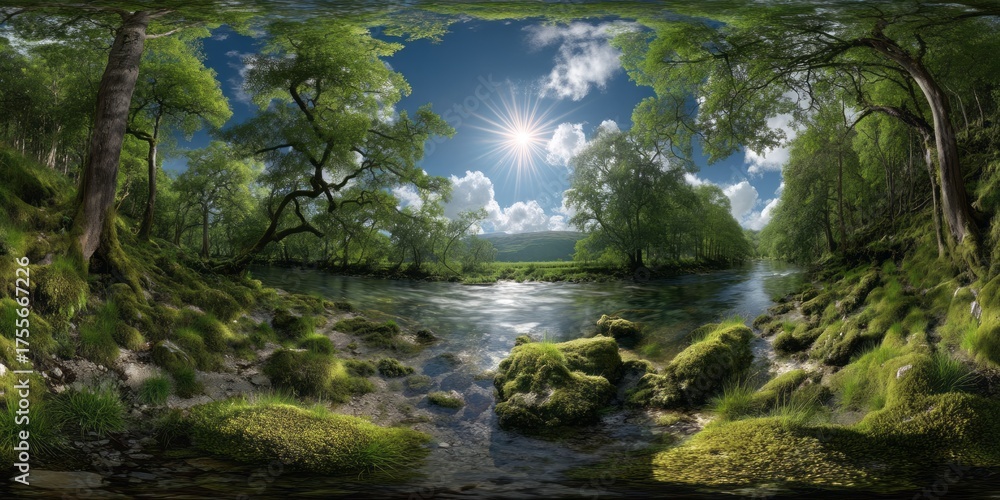 Obraz premium Nature panorama of lush greenery and river hdr landscape serene environment