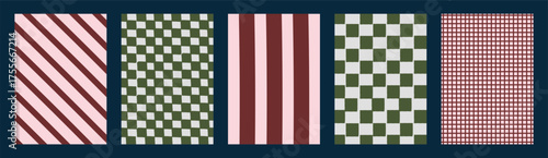 Retro Christmas background patterns set with vintage stripes, checkerboard and grid designs. Holiday geometric textures in festive colors for wrapping paper, scrapbook or seasonal decorations. Vector