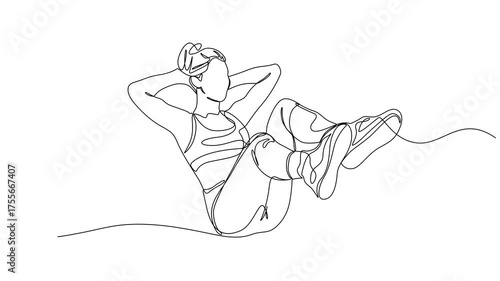 Self drawing animation of single line draw young sporty woman working out lying sit up on the floor  in fitness gym club center. Healthy fitness sport concept. Full length one line animation 4K video.
