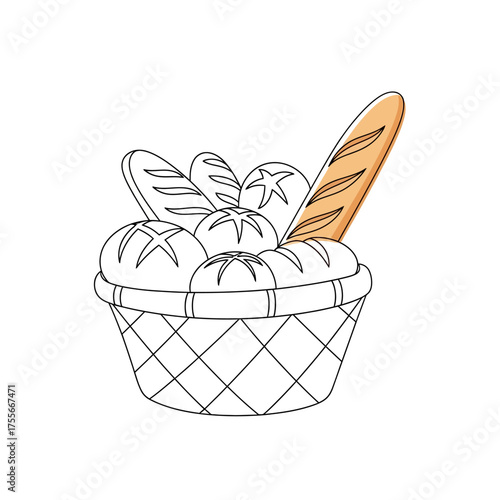 Line art illustration of a basket overflowing with various types of bread, showcasing the beauty of simple food and the joy of baking isolated on white background