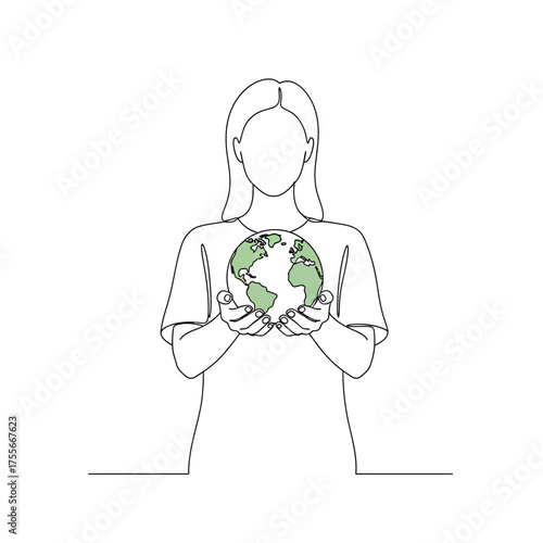 A woman holds a globe in her hands, symbolizing environmental awareness and sustainability isolated on white background a single line drawing
