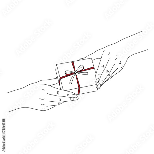 A hand giving a present to another hand isolated on white background the present is wrapped with a red ribbon and bow, creating a simple and elegant line art design