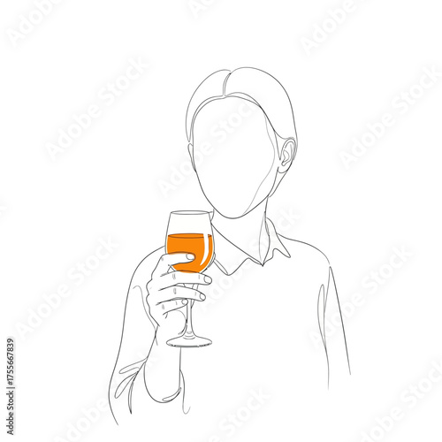 A person holding a glass of orange liquid isolated on white background the figure is faceless, rendered in a minimalist line art style for modern elegance