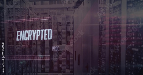Revealing server rack unit pulsing status lights in dim data center, with encrypted PROC overlay