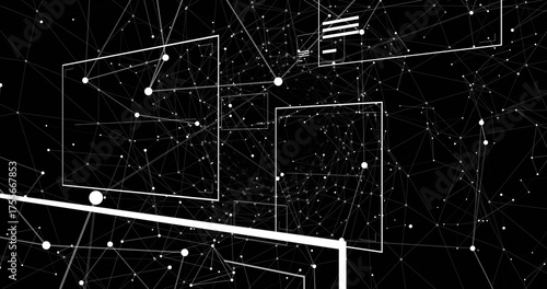 Floating network of white nodes and lines forming mesh in digital space, with rectangular frames