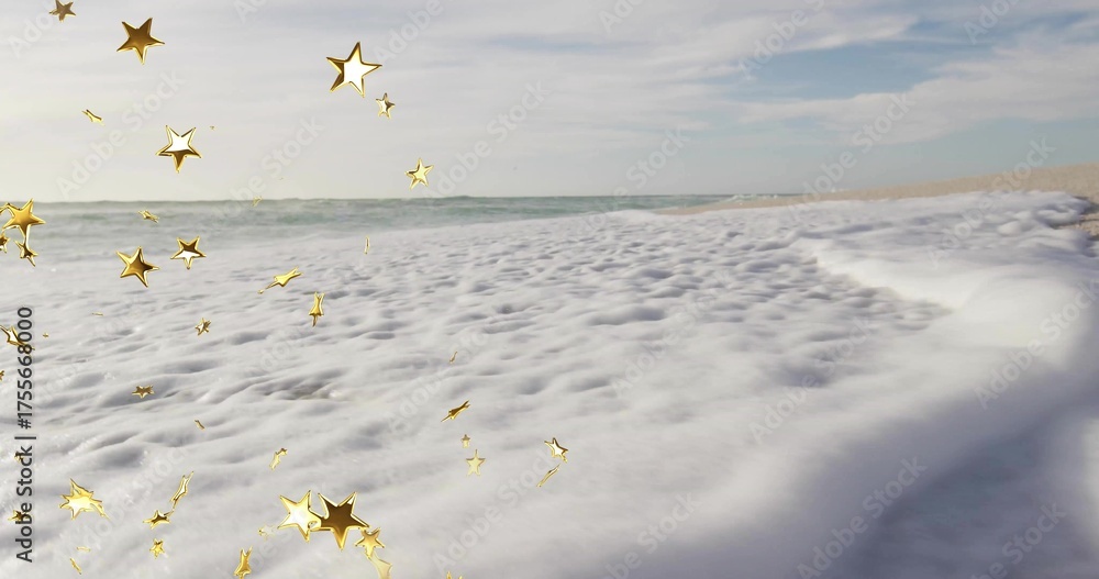Naklejka premium Covering frothy sea foam rolling across sandy beach, with golden star ornaments and ocean waves