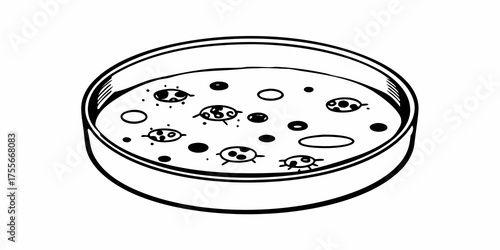Illustration of a petri dish with bacterial colonies growing on an agar medium in black and white style