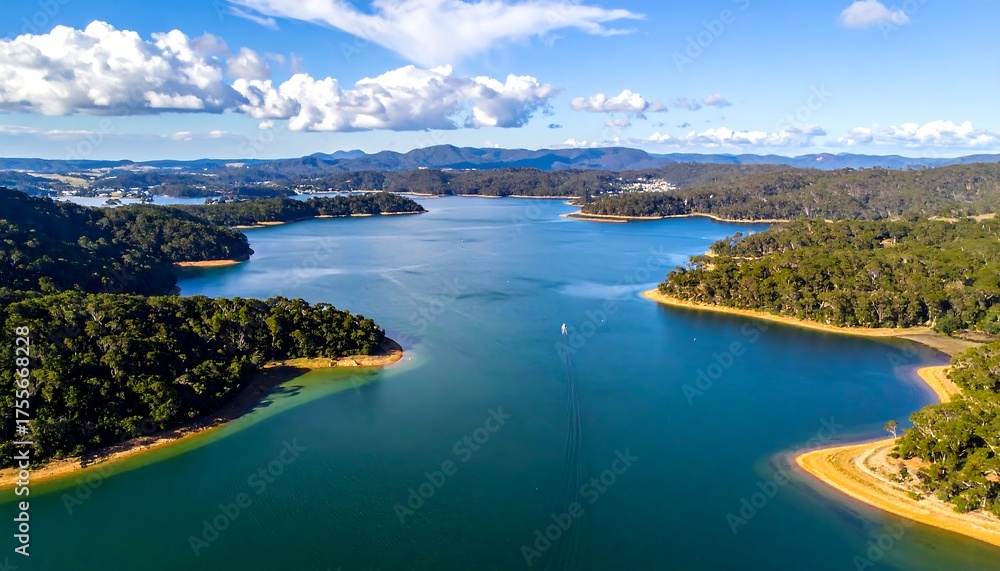 Fototapeta premium A serene aerial view of a vast lake surrounded by lush green forest, with scattered clouds in the sky and a mountain backdrop