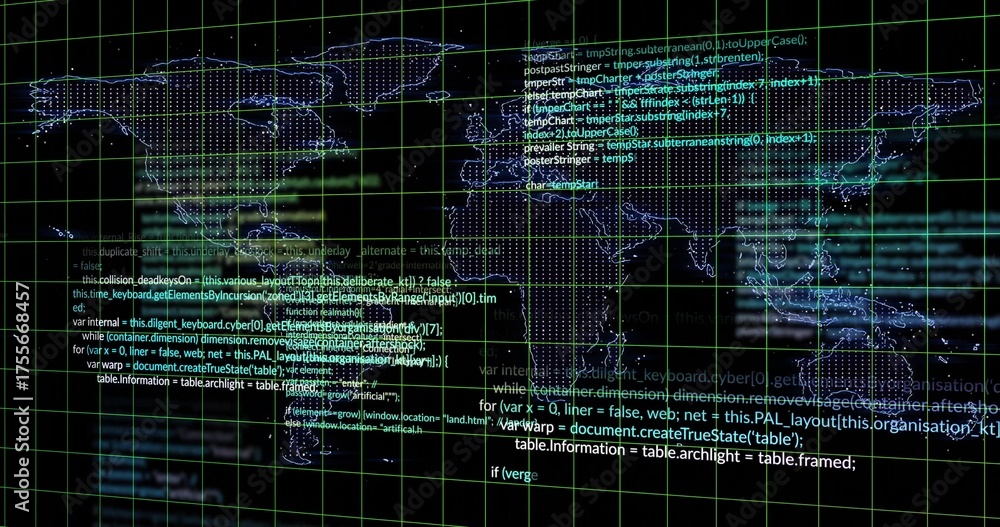 Obraz premium Displaying dotted world map outline with glowing nodes and code snippets over neon grid interface