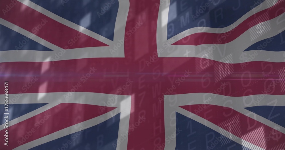 Naklejka premium Displaying Union Jack flag filling frame on data grid, with code and light streaks