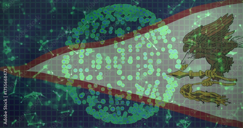 Naklejka premium Central sphere displaying glowing green nodes in grid with lines, red beam, eagle spear emblem