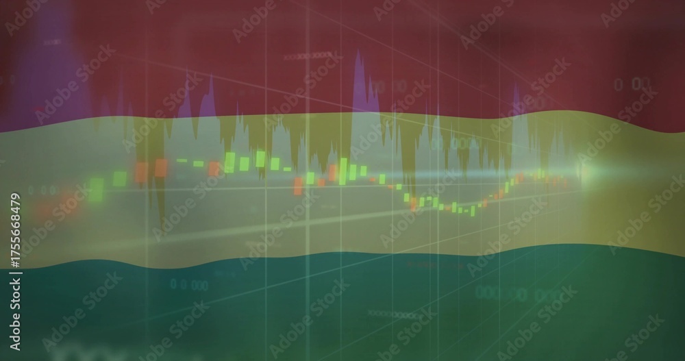 Naklejka premium Ghana flag depicting chart data online, with candlesticks, line graph, gridlines and data overlays